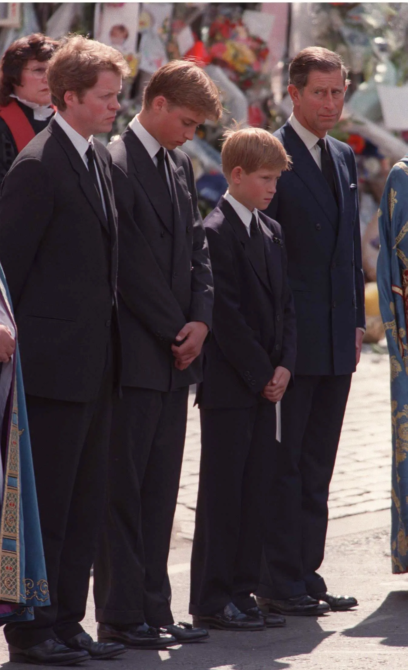 Charles Spencer, Prince William, Prince Harry and Prince Charles at Princess Diana's funeral