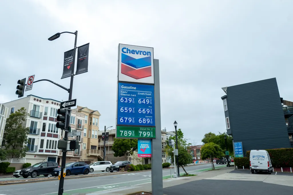 A Chevron gas station sign displaying high gas prices for various grades of gasoline and diesel in San Francisco.