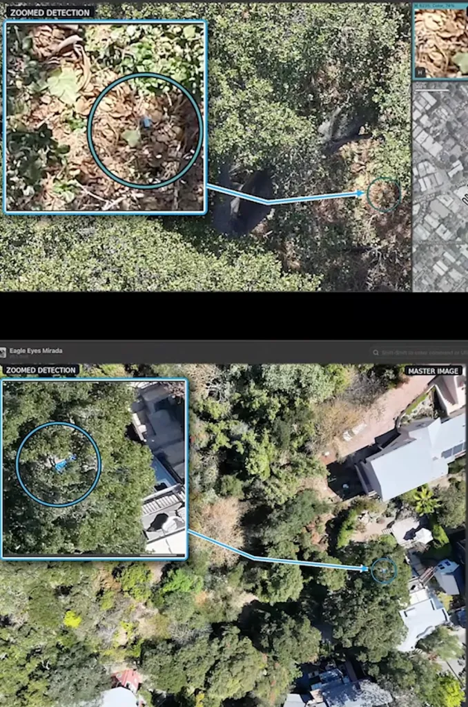 Drone footage showing zoomed-in views of a blue object on the ground.