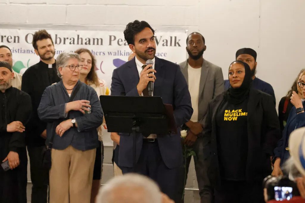 NYC Mayor Zohran Mamdani speaking at a gathering with other faith leaders after the Peace March.