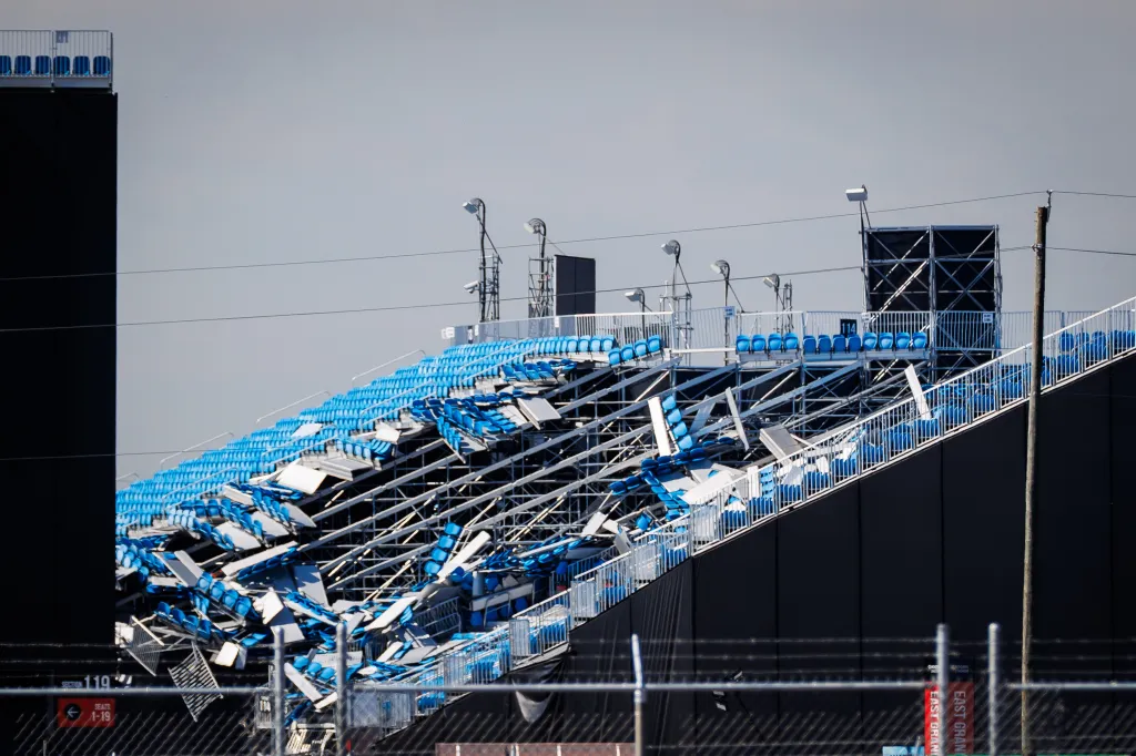Collapsed stadium seating at Rogers Stadium after a storm.