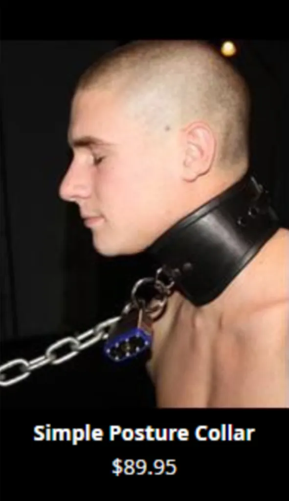 Christopher Gallant modeling a black leather posture collar with a chain and padlock.