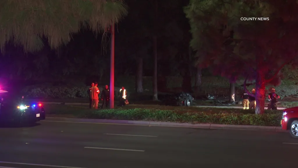 Nighttime scene of a fatal car collision on Culver Drive, with emergency personnel and a police car on scene and the wreckage of a high-end sports car scattered on the grass.