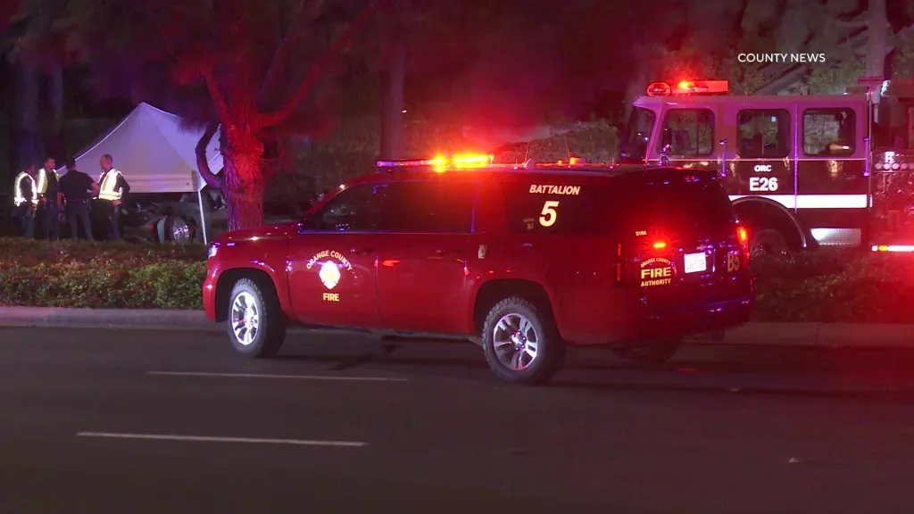 Emergency vehicles and first responders at the scene of a fatal car crash.