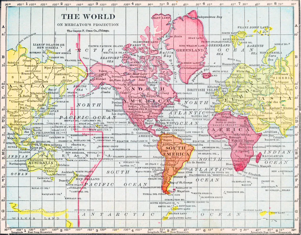 Illustration of a Mercator projection map of the world from 1922, highlighting the international date line.