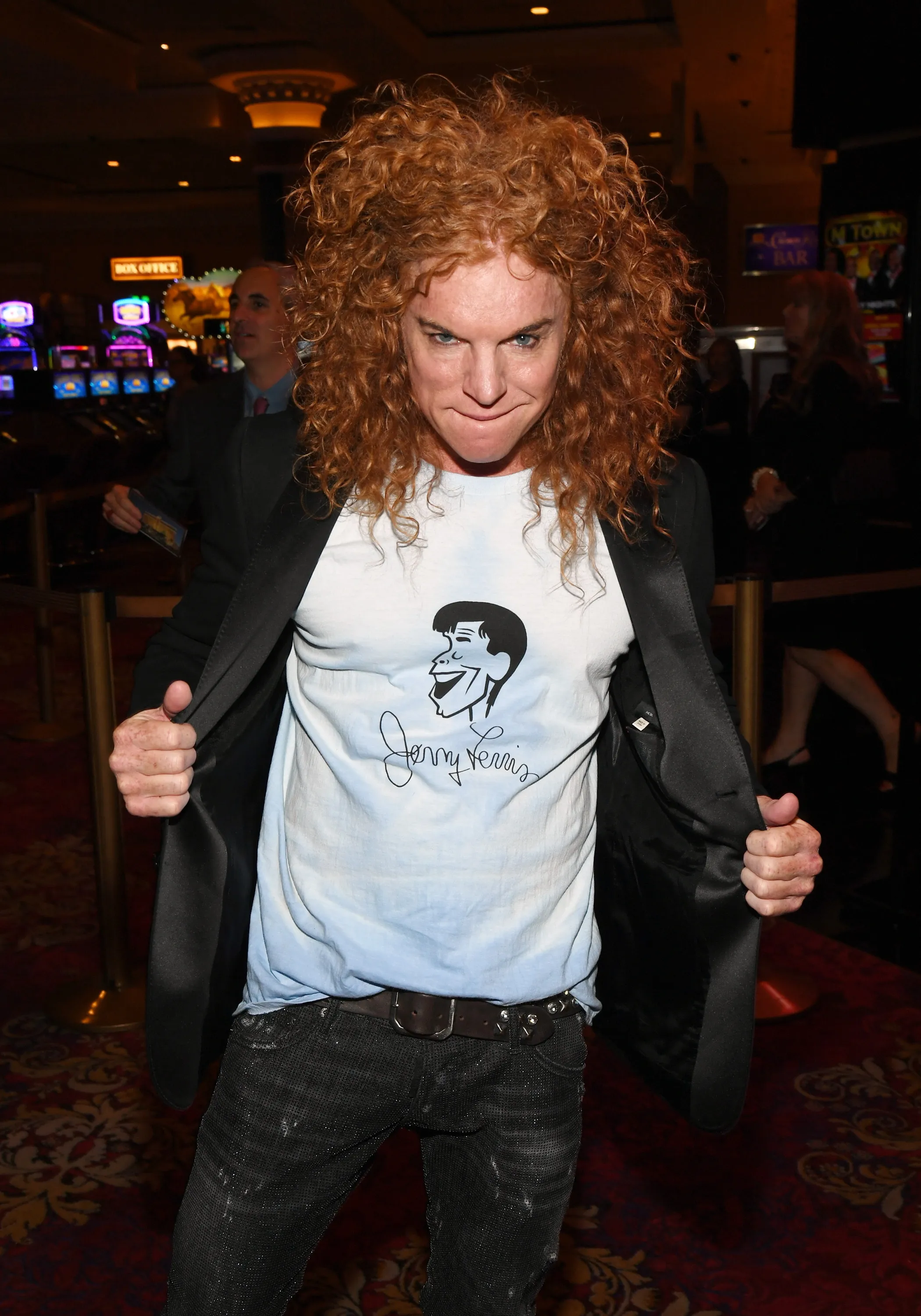Comedian Carrot Top wearing a Jerry Lewis t-shirt.