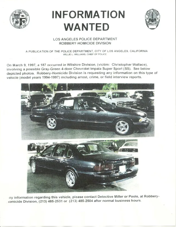 Wanted poster from the LAPD seeking information on a gray-green 4-door Chevrolet Impala Super Sport, model years 1994-1997, possibly used in the murder of Christopher Wallace.