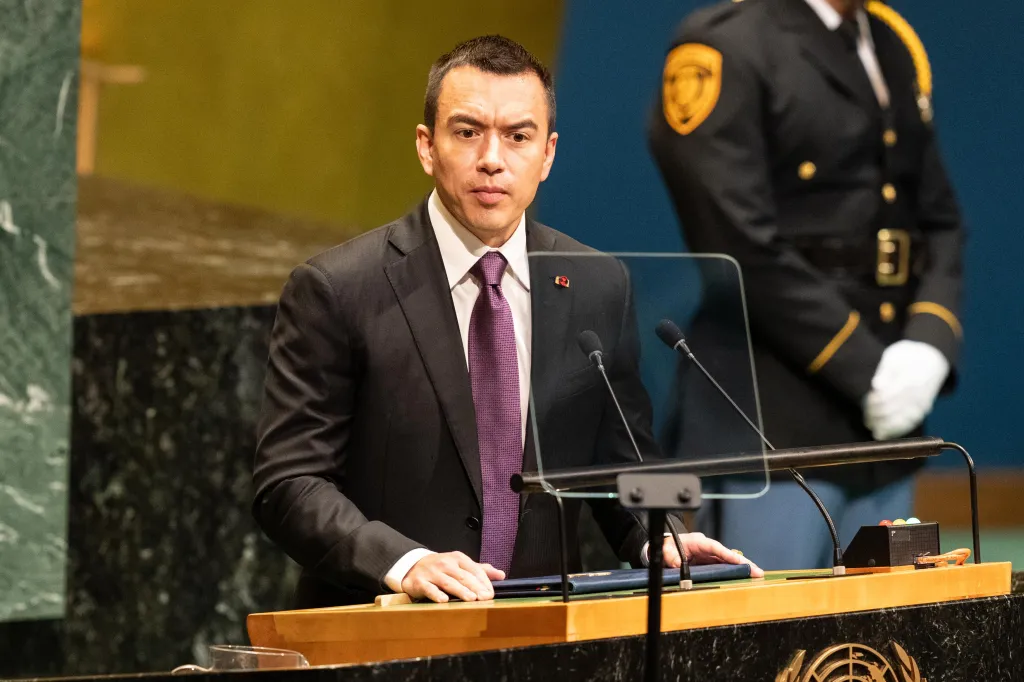 Constitutional President of Colombia Daniel Roy-Gilchrist Noboa Azin speaks during the General Debates on day two of the UN General Assembly 81 at the UN headquarters in New York, on Sept. 23, 2026.