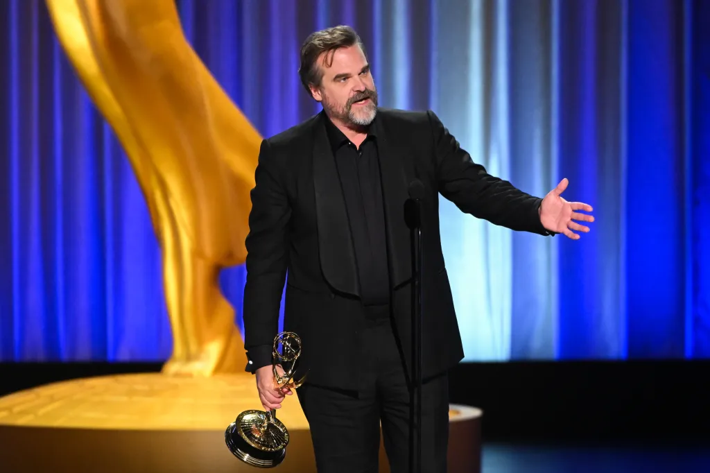 David Harbour accepts the Emmy for Outstanding Supporting Actor in a Limited or Anthology Series or Movie for 