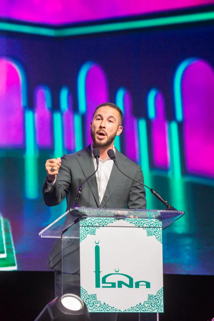 Dearborn, Michigan Mayor Abdullah Hammoud speaking at the Islamic Society of North America convention.