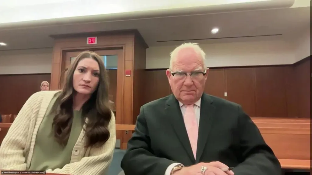 Lindsay Clancy (left) and her defense attorney, Kevin Reddington (right).