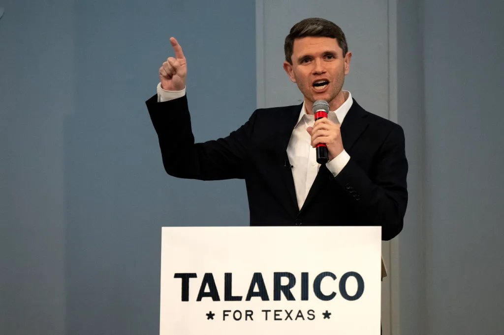Democratic US Senate candidate James Talarico speaking at a rally.