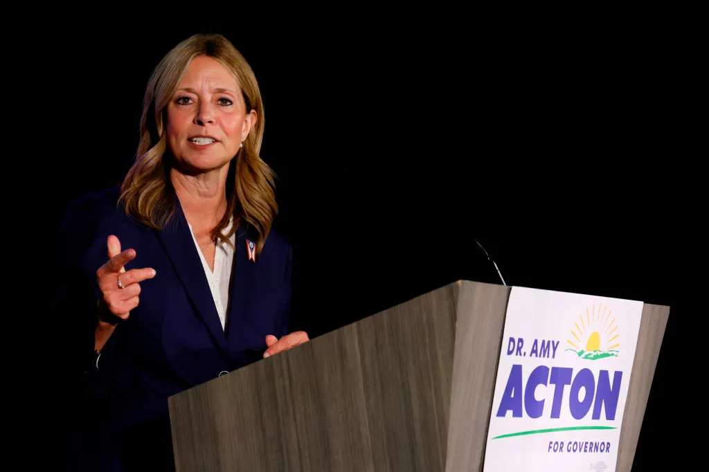 Dr. Amy Acton speaks at a primary election night campaign event.