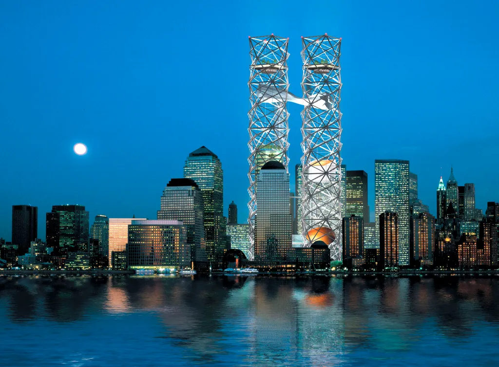 Illustration of the proposed design by Think for the World Trade Center site, featuring two tall, lattice-like towers connected by a skybridge, illuminated against a dark blue sky with a full moon, with a cityscape and water in the foreground.