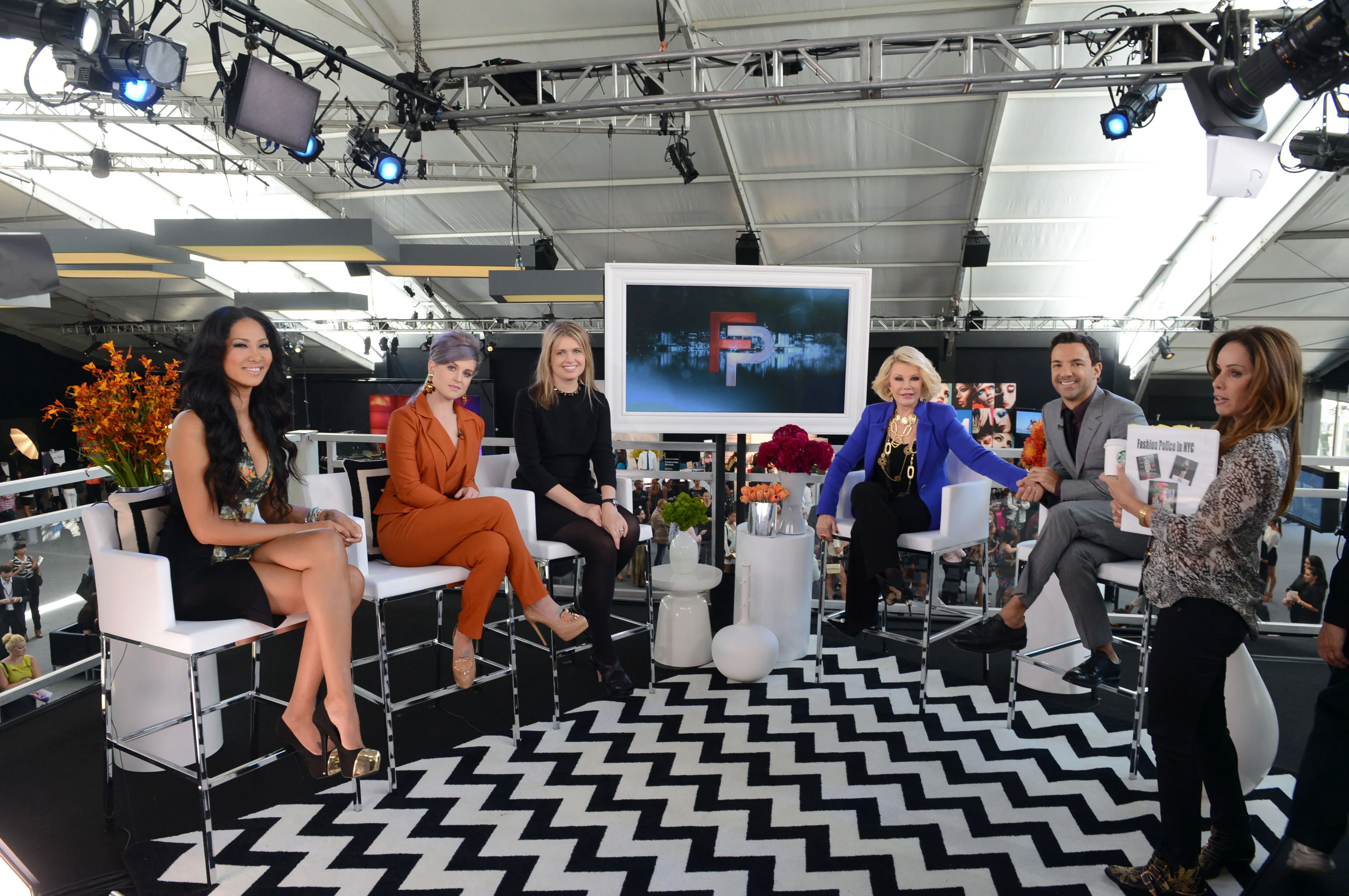 Kimora Lee Simmons, Kelly Osbourne, Jenny Packham, Joan Rivers, George Kotsiopoulos, and Melissa Rivers on the set of Fashion Police.