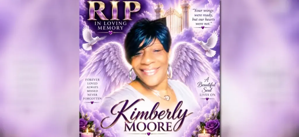 An illustration for Kimberly Moore's memorial service with a photo of a woman in the center, angel wings, doves, purple roses, and text that says, 