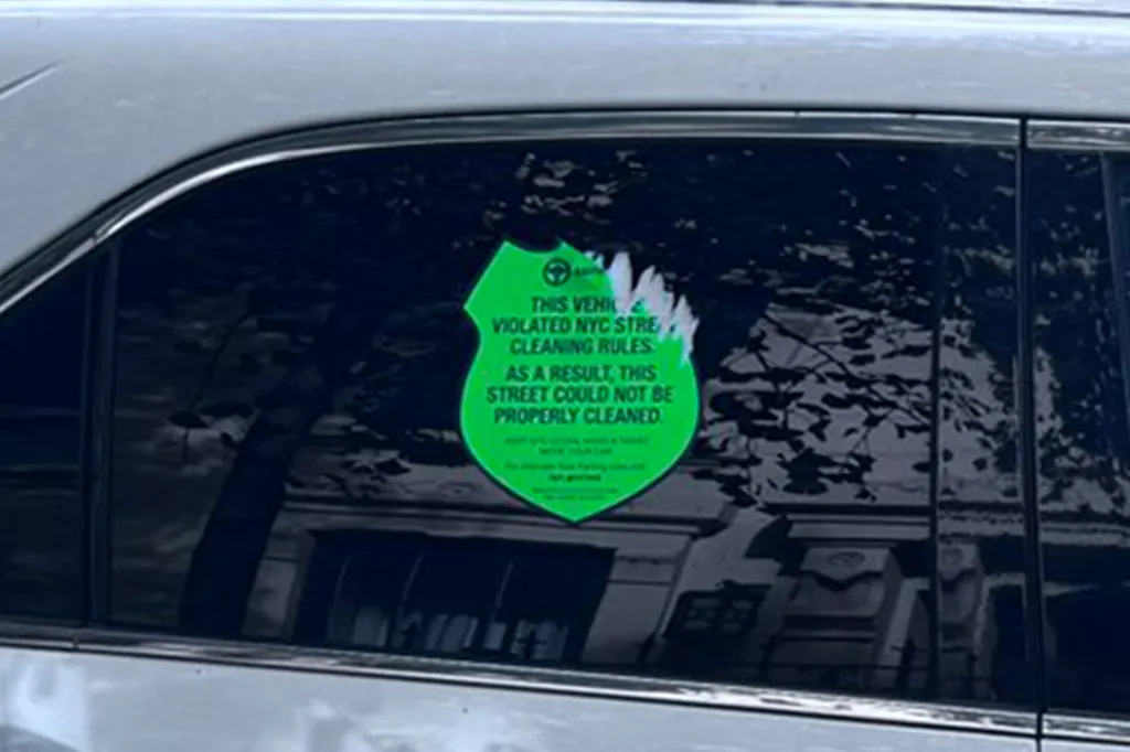 A bright green sticker on a car window reads,