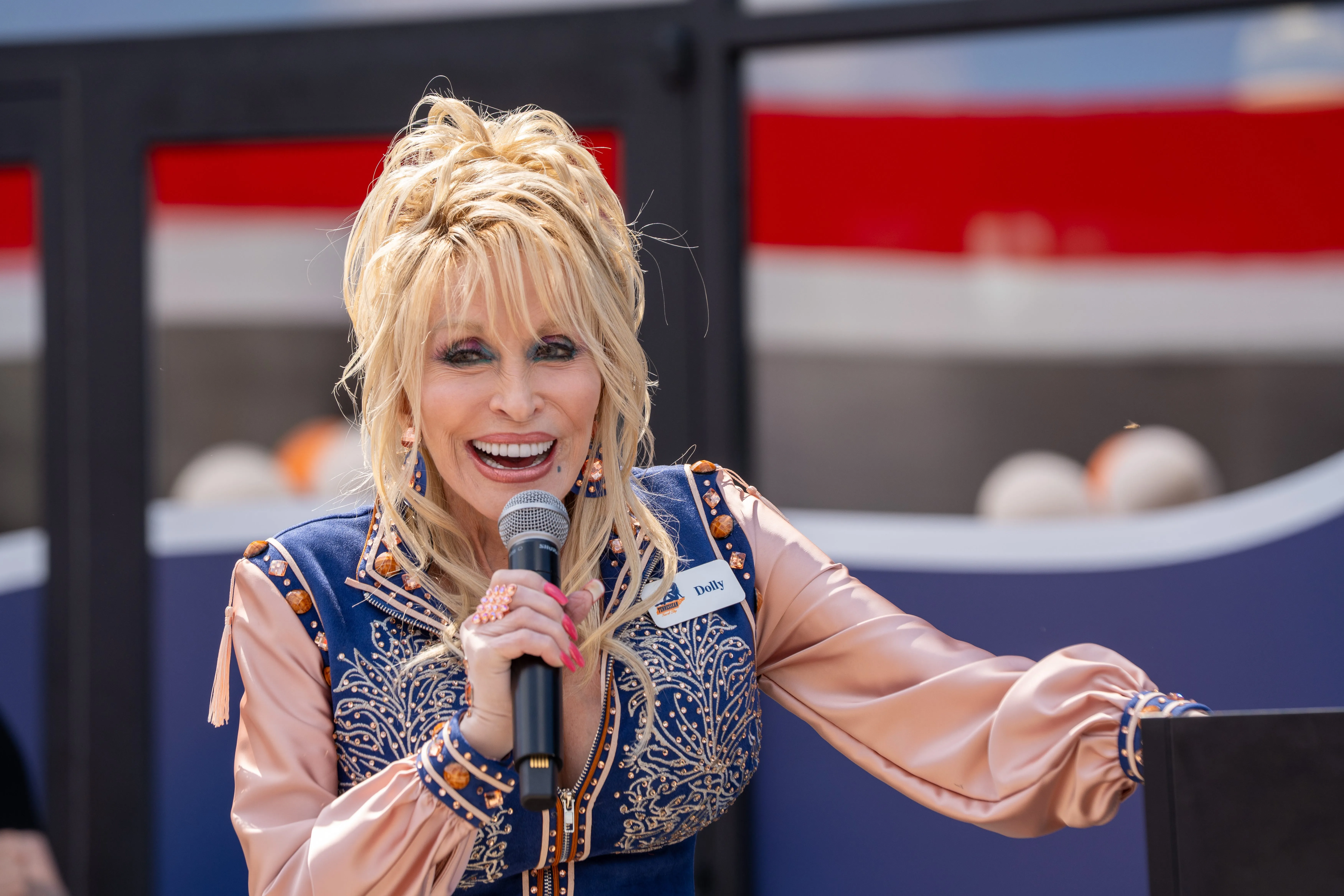 Dolly Parton speaking at the grand opening of Dolly's Tennessean Travel Stop.