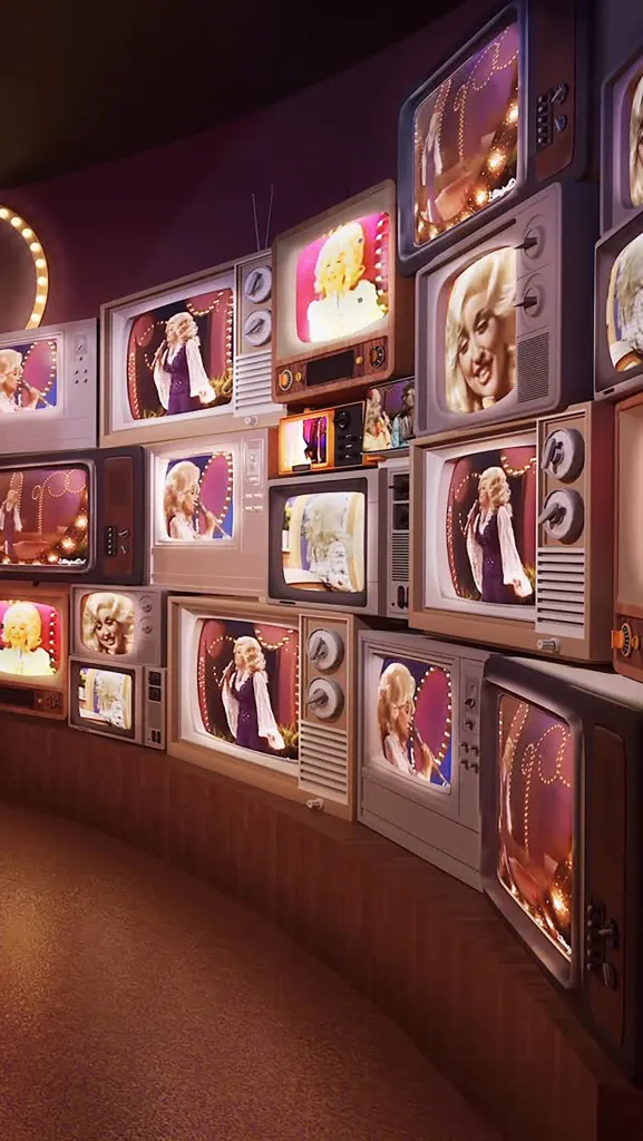 Dolly Parton speaking in a video for the opening of her Life of Many Colors Museum, displayed on a wall of vintage televisions.