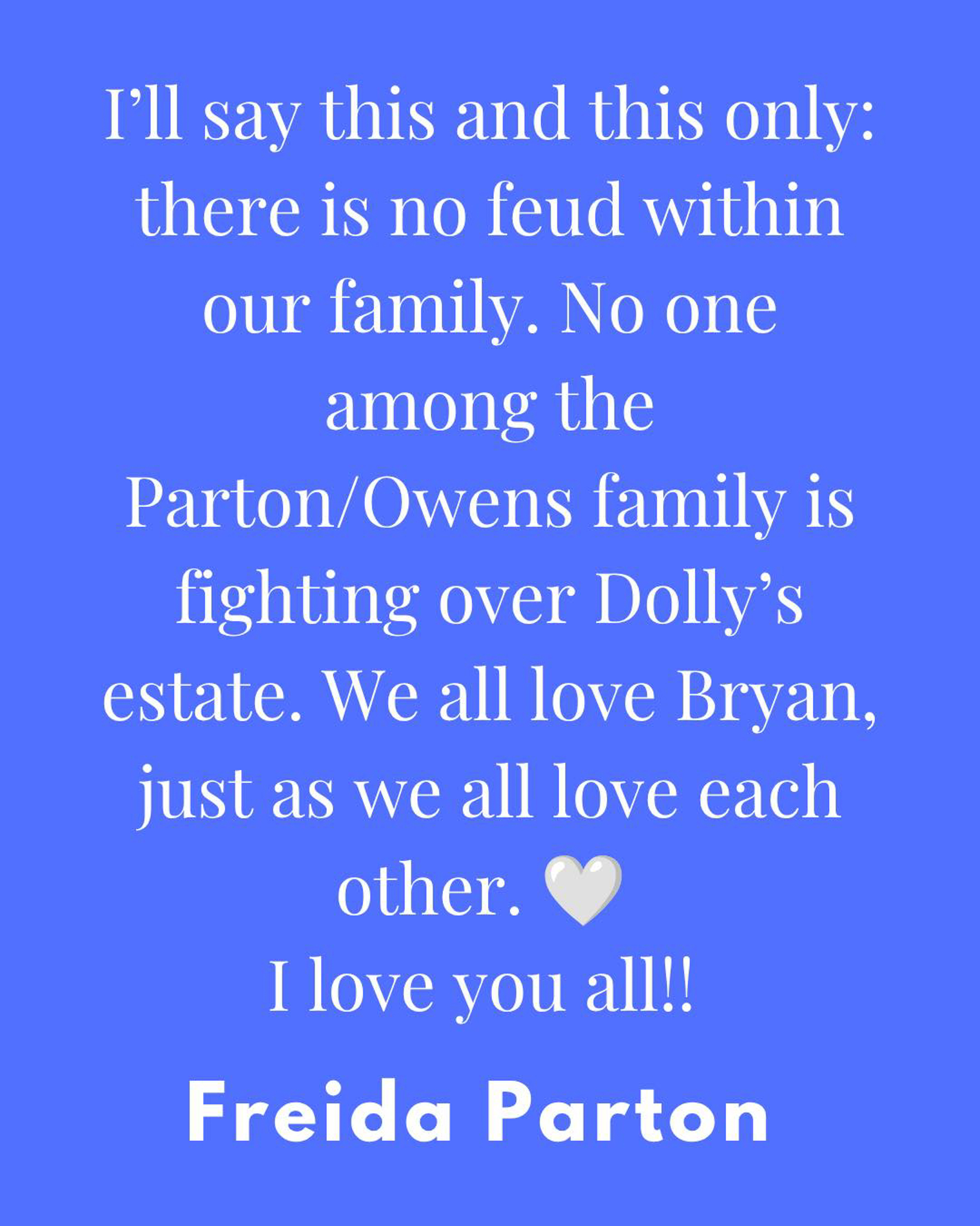 Freida Parton's statement addressing family feud rumors, written in white text on a blue background.