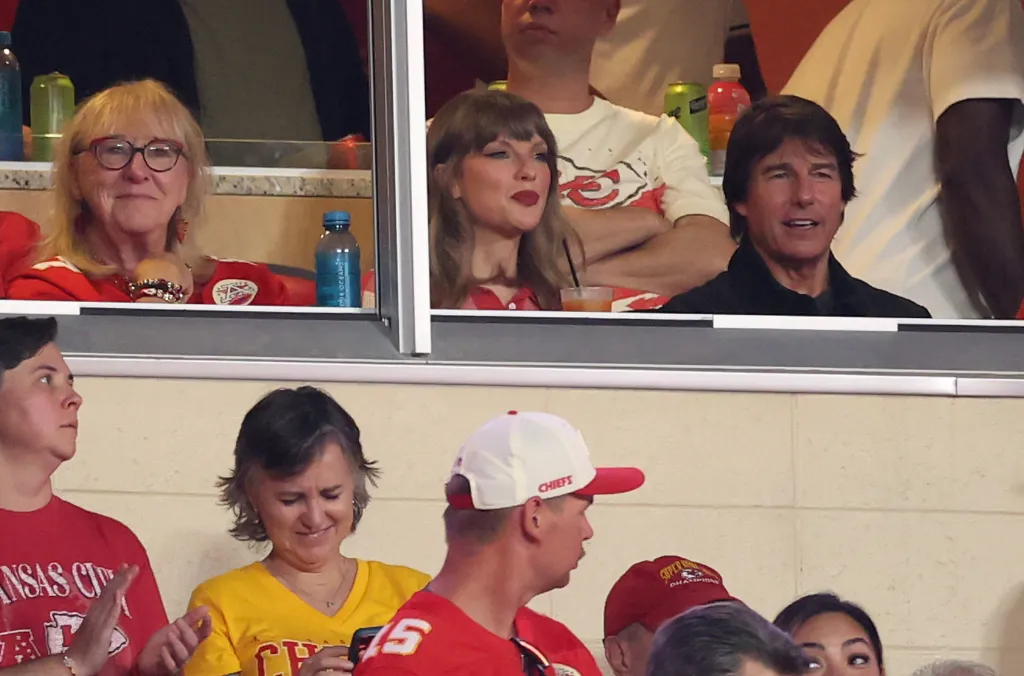 Donna Kelce, Taylor Swift, and Tom Cruise attend the Kansas City Chiefs game.