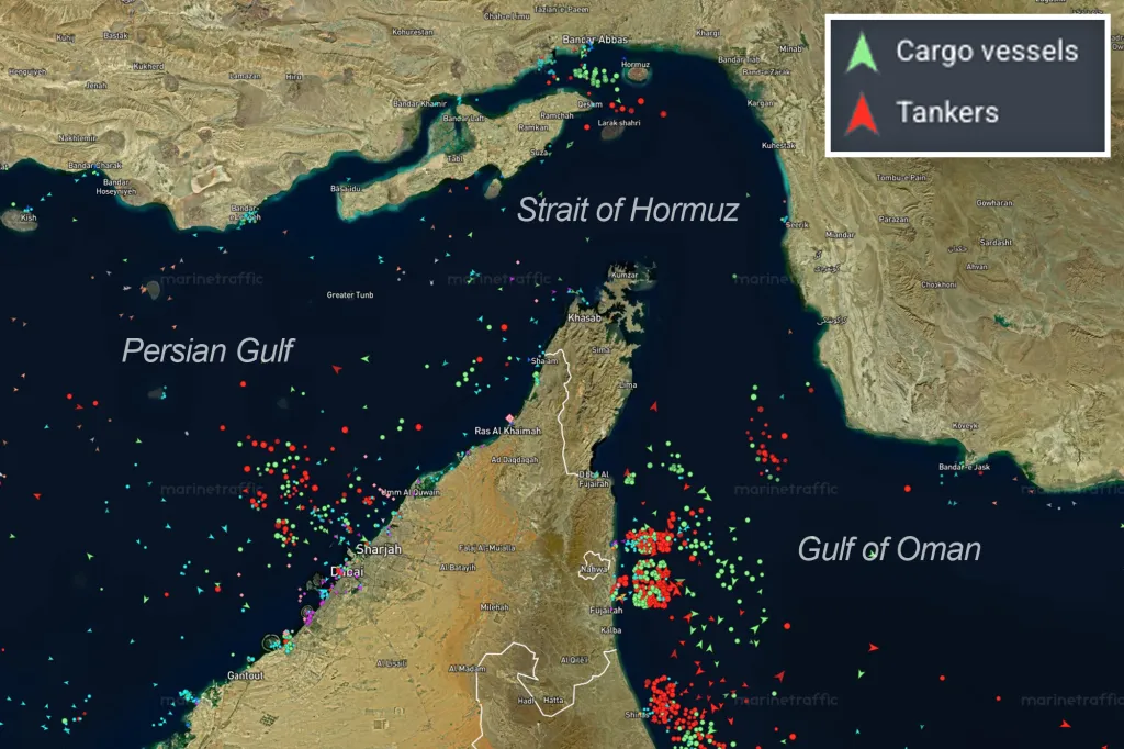 A map of traffic on the Strait of Hormuz on Monday.