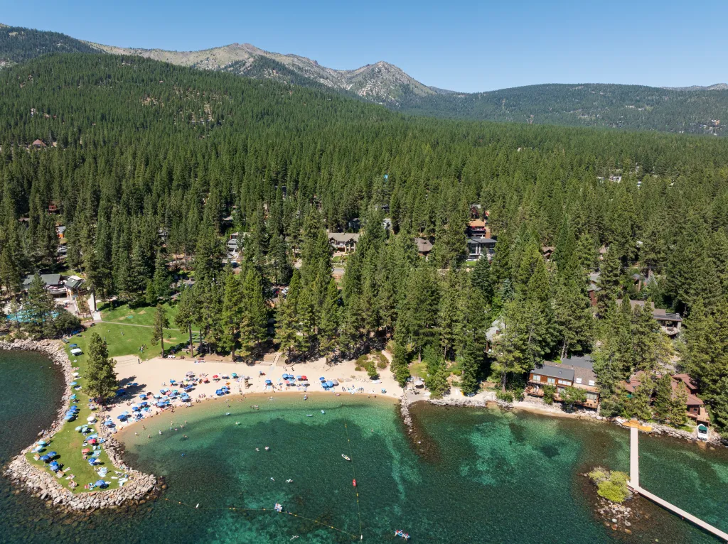 Drone photo of a park and its trees at Burnt Cedar Beach in Incline Village, Nevada.