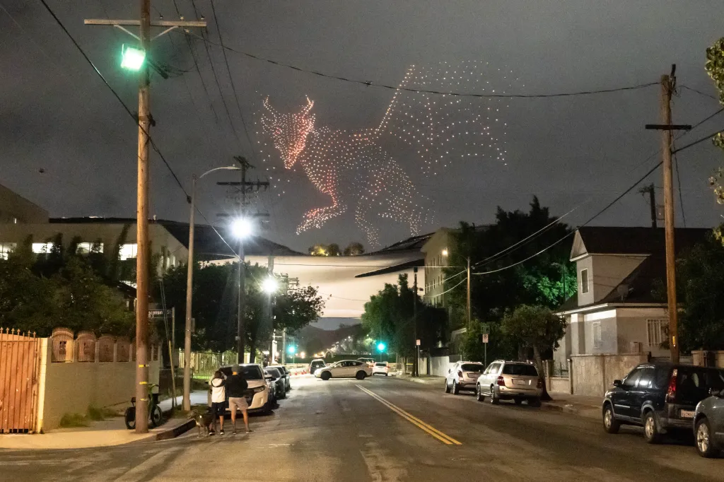 Drone show displaying a dragon outside the George Lucas Museum.
