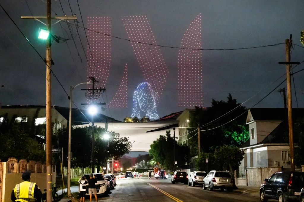Drone show outside the George Lucas Museum grand opening in Los Angeles.