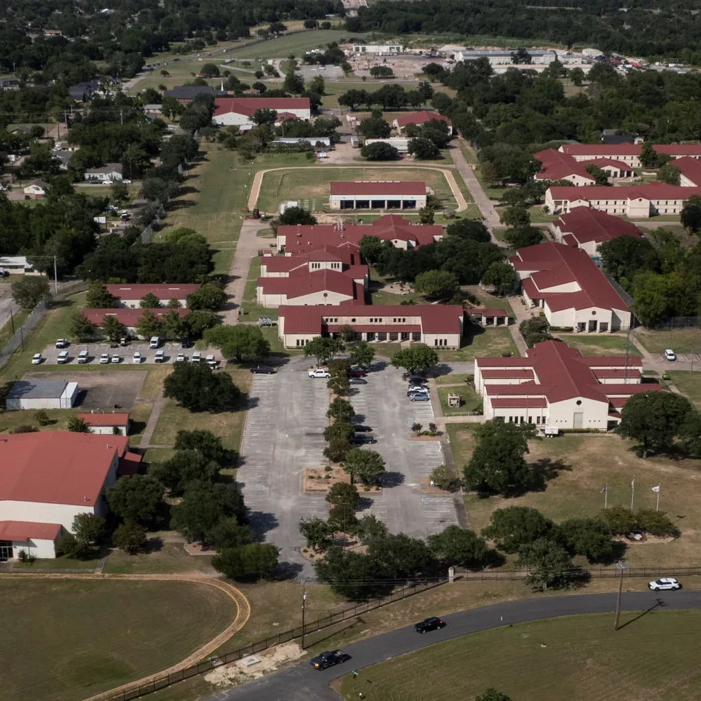 Drone view of the Federal Prison Camp in Bryan, Texas, a lower-security facility.