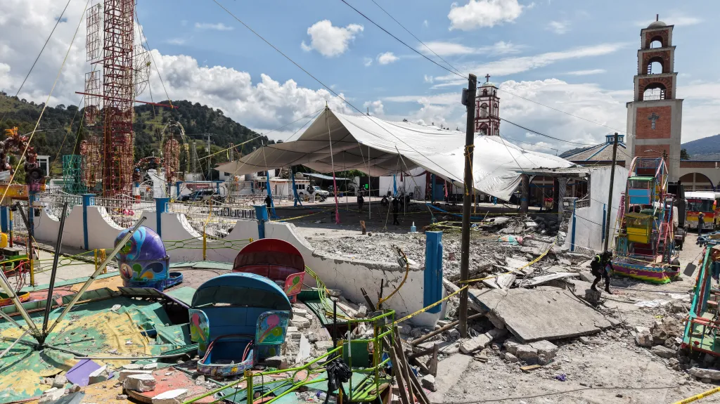 Drone view of damage following a fireworks explosion in Santa Maria Canchesda, Mexico.