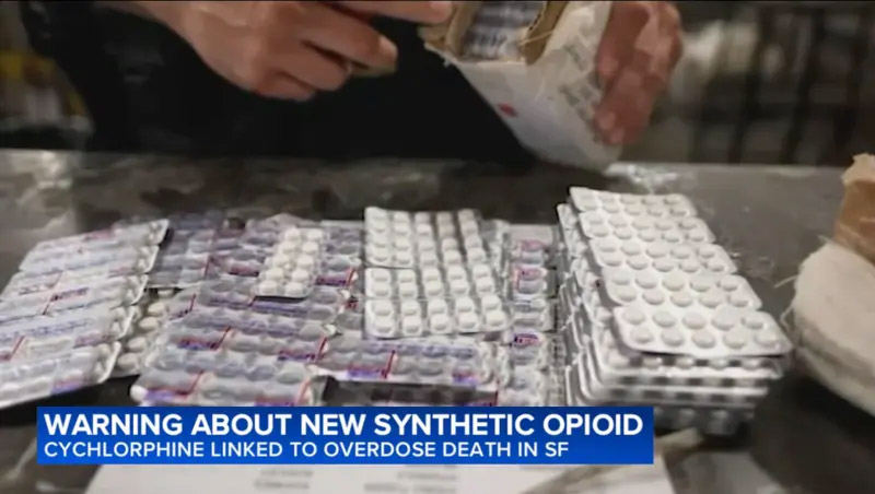 Blister packs of synthetic opioid pills with a caption about warning of cyclorphine overdose death.