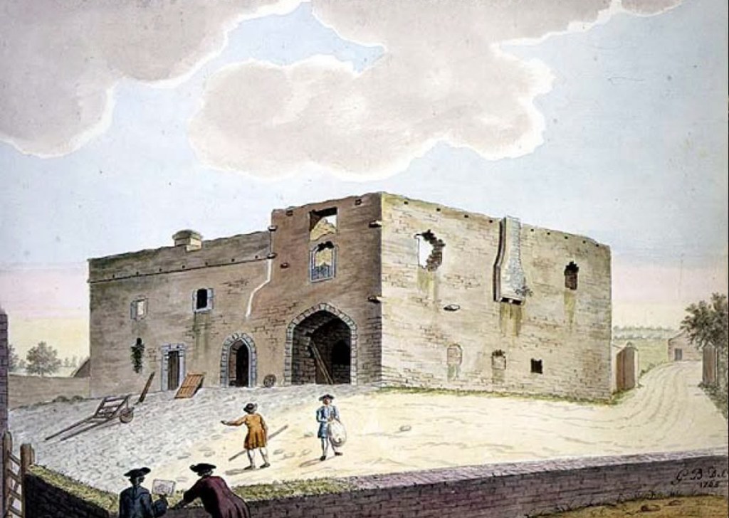 Illustration of the medieval Roebuck Castle with people in the foreground.