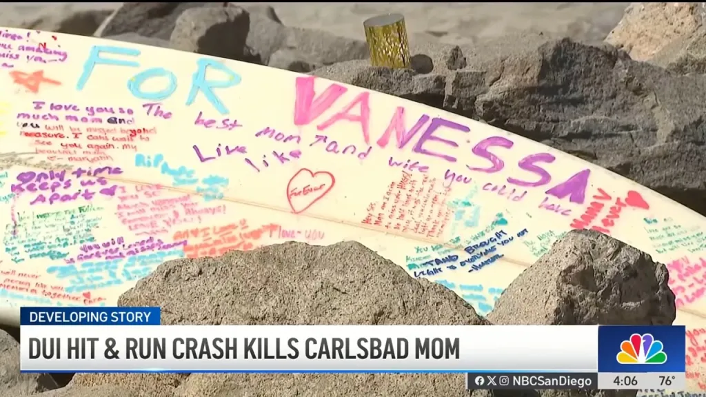 A surfboard used as a memorial for a Carlsbad mom killed in a DUI hit-and-run.