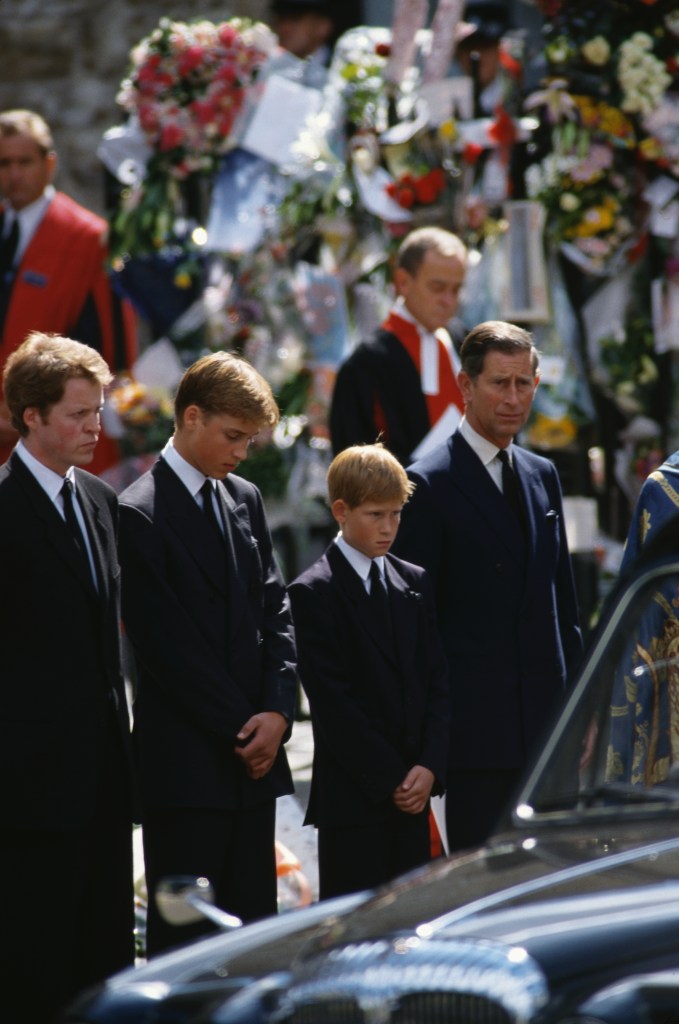 Earl Charles Spencer, Prince William, Prince Harry, and Prince Charles at Princess Diana's funeral procession.