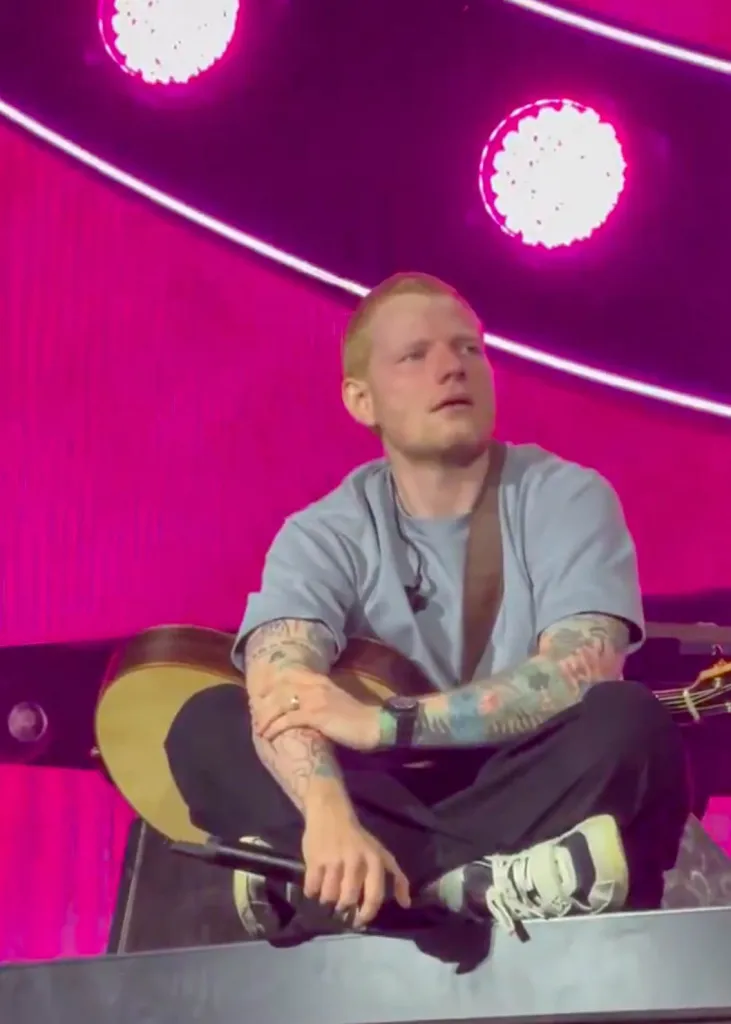 Ed Sheeran looking emotional during a concert in Philadelphia.
