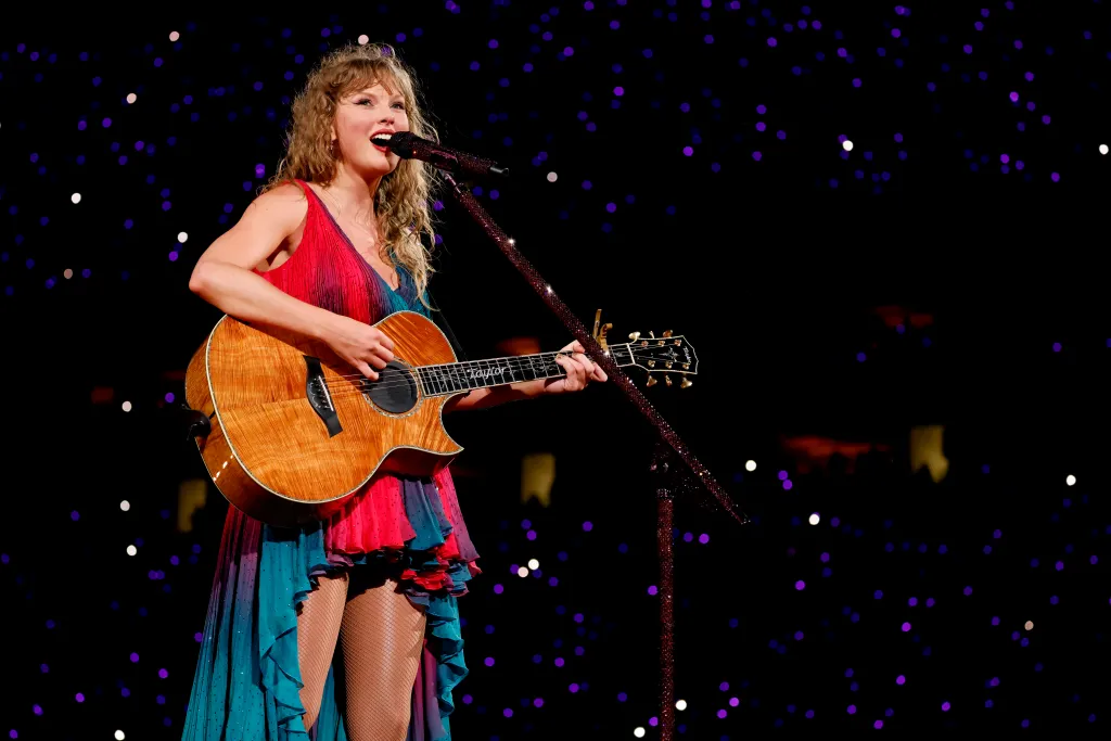 Taylor Swift performing during The Eras Tour at Hard Rock Stadium.