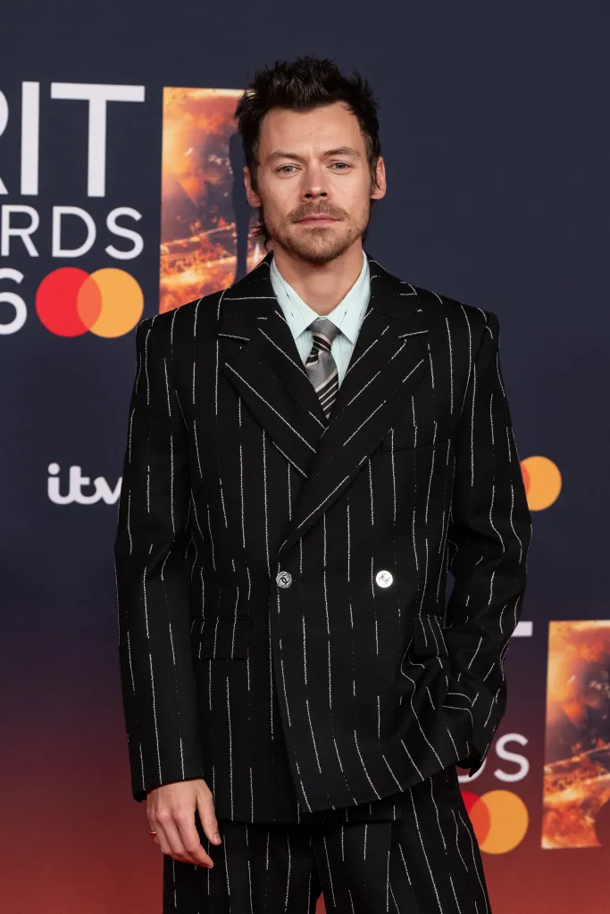 Harry Styles in a pinstripe suit at the Brit Awards 2026.