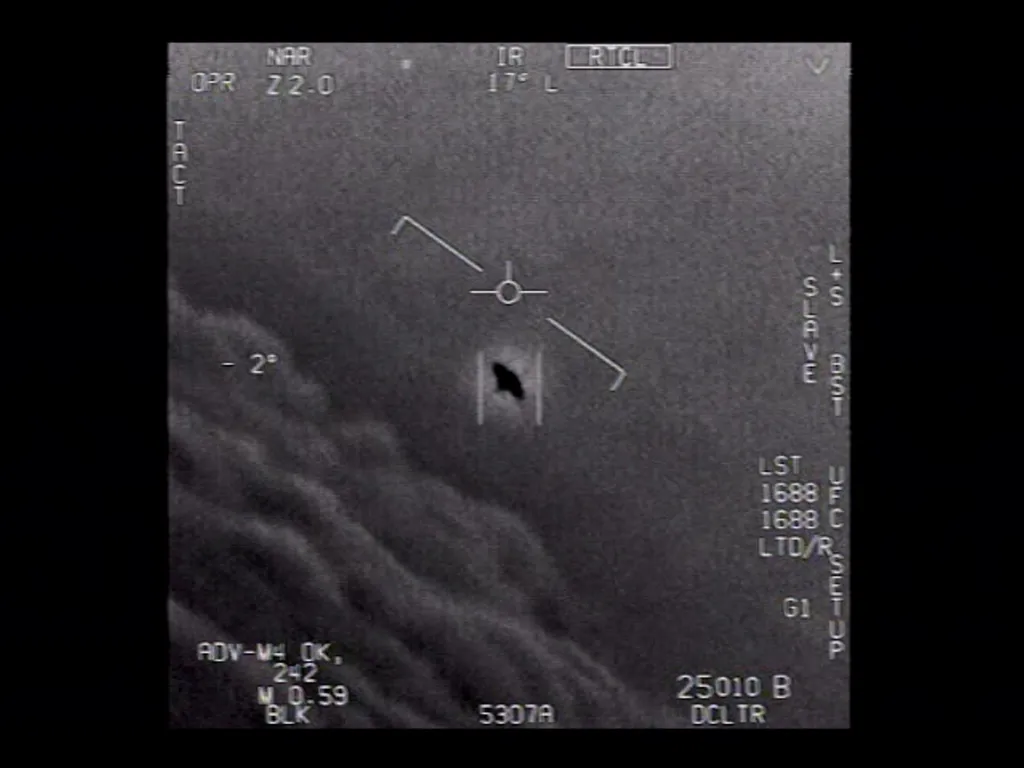 A still from a previously released unclassified US government video appearing to show unidentified anomalous phenomena (UAP) is shown on the All-domain Anomaly Resolution Office (AARO) website on Oct. 19, 2023.