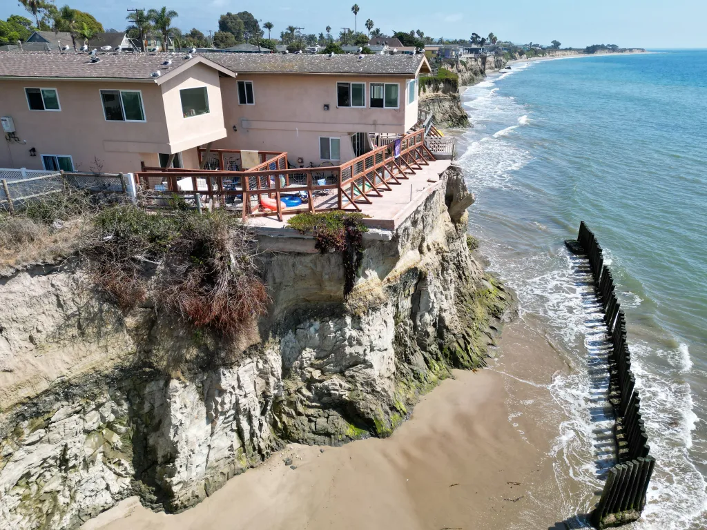 Apartments built on an eroding cliff overlooking the ocean in Isla Vista, California.