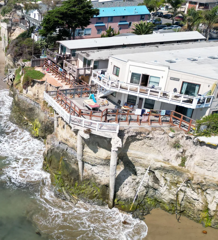 Apartments and University of California, Santa Barbara dorms threatened by cliff collapse from El Nino in Isla Vista, California.