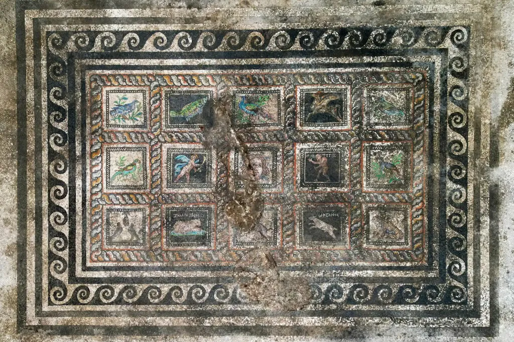 Ancient Roman mosaic artwork featuring a dog named Ocean and a cat named Emerald, with various animal and human figures in framed squares.