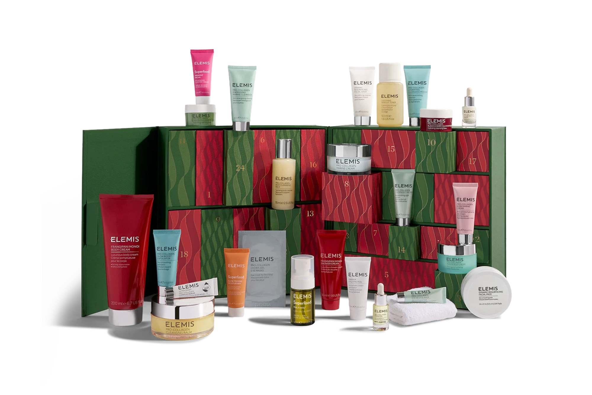 An advent calendar of Elemis skincare products, with the numbered compartments opened to reveal a variety of creams, cleansers, and balms.