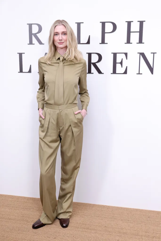 Elizabeth Debicki in a green Ralph Lauren pantsuit at New York Fashion Week.