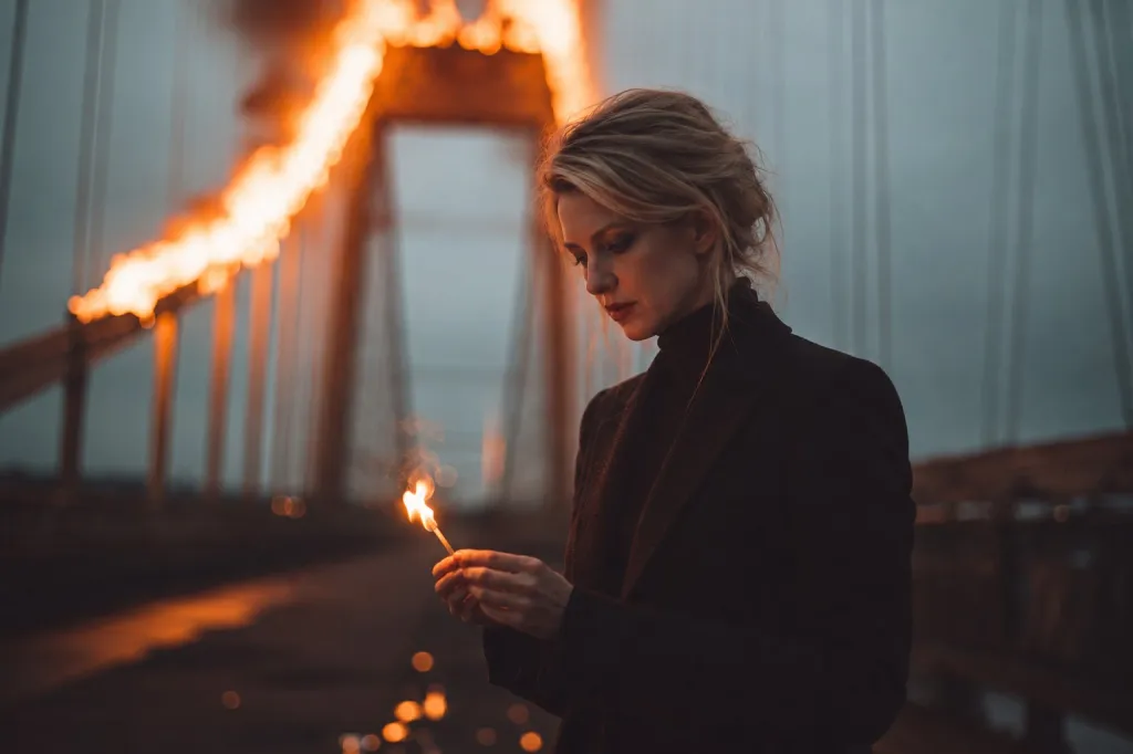 A woman in a black coat holding a lit match in front of a burning bridge.