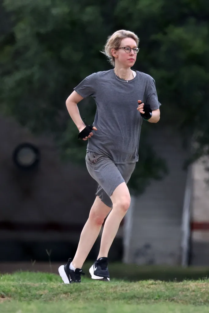 Elizabeth Holmes running outdoors at FPC Bryan in Bryan, Texas.