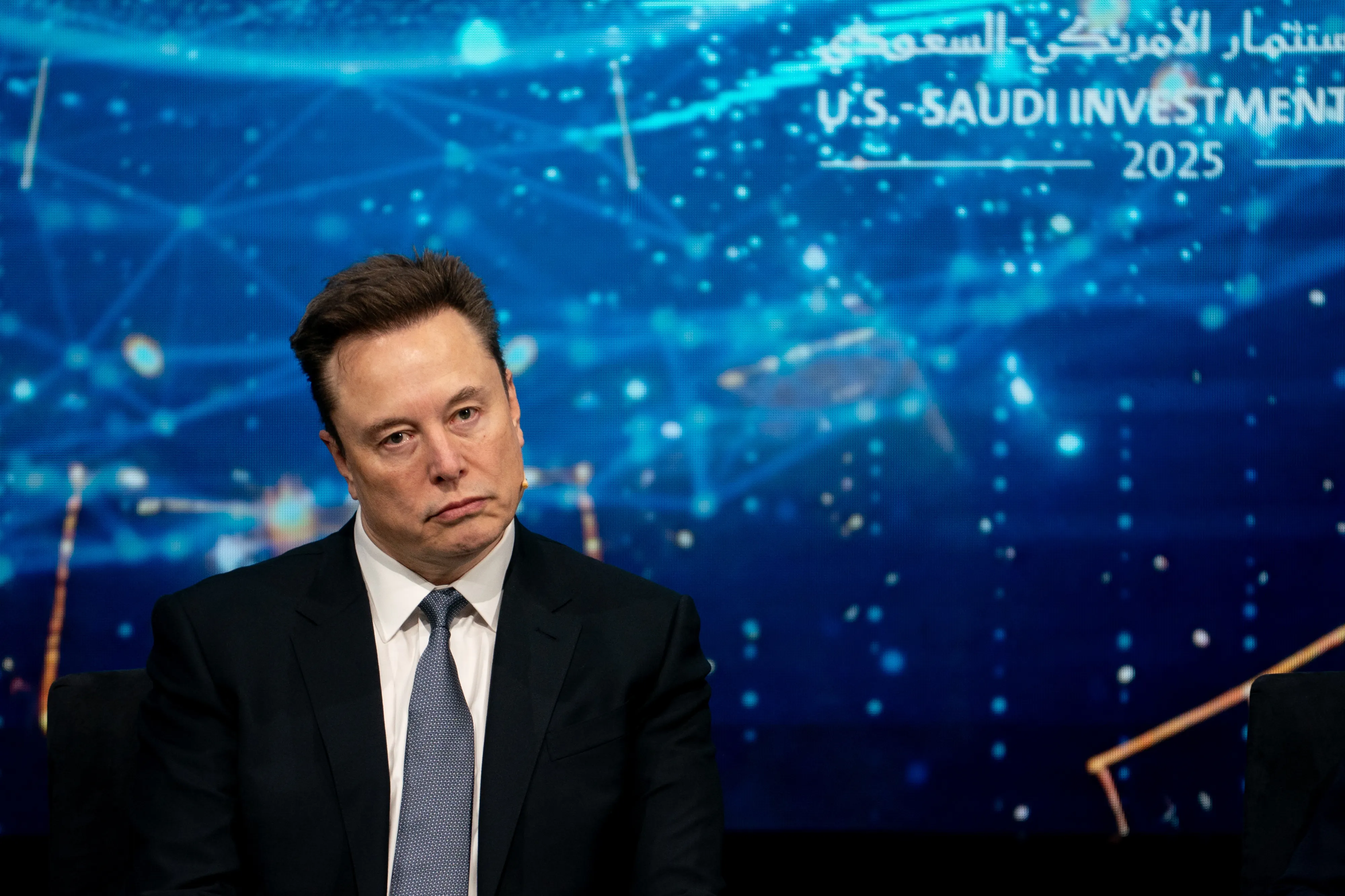 Elon Musk, CEO of Tesla Inc., speaks at the US-Saudi Investment Forum 2025.