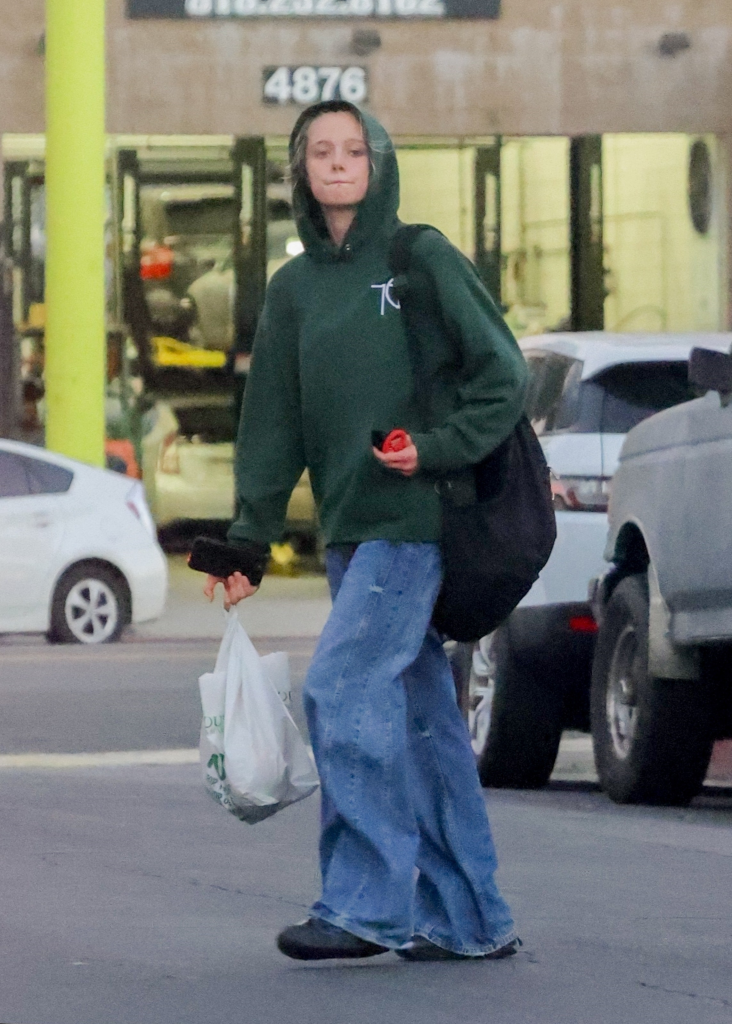 Shiloh Jolie wearing a green hoodie, loose denim jeans, and sneakers, carrying a tote and grocery bag.
