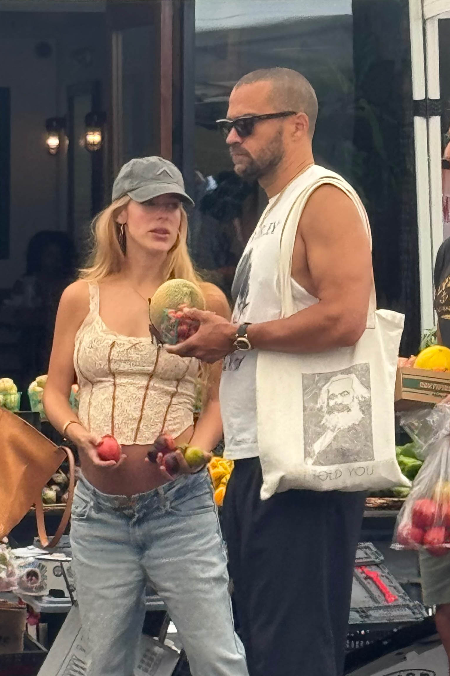 Jesse Williams and pregnant Alejandra Onieva shopping at Studio City Farmers Market.