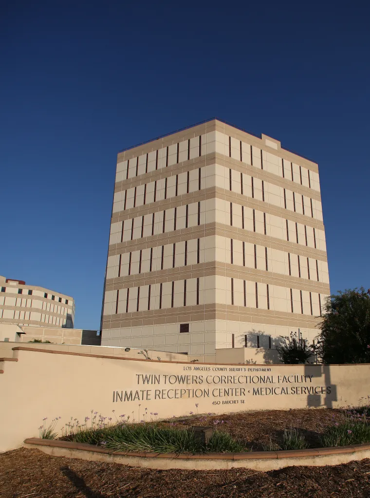 Exterior view of the Twin Towers Correctional Facility.